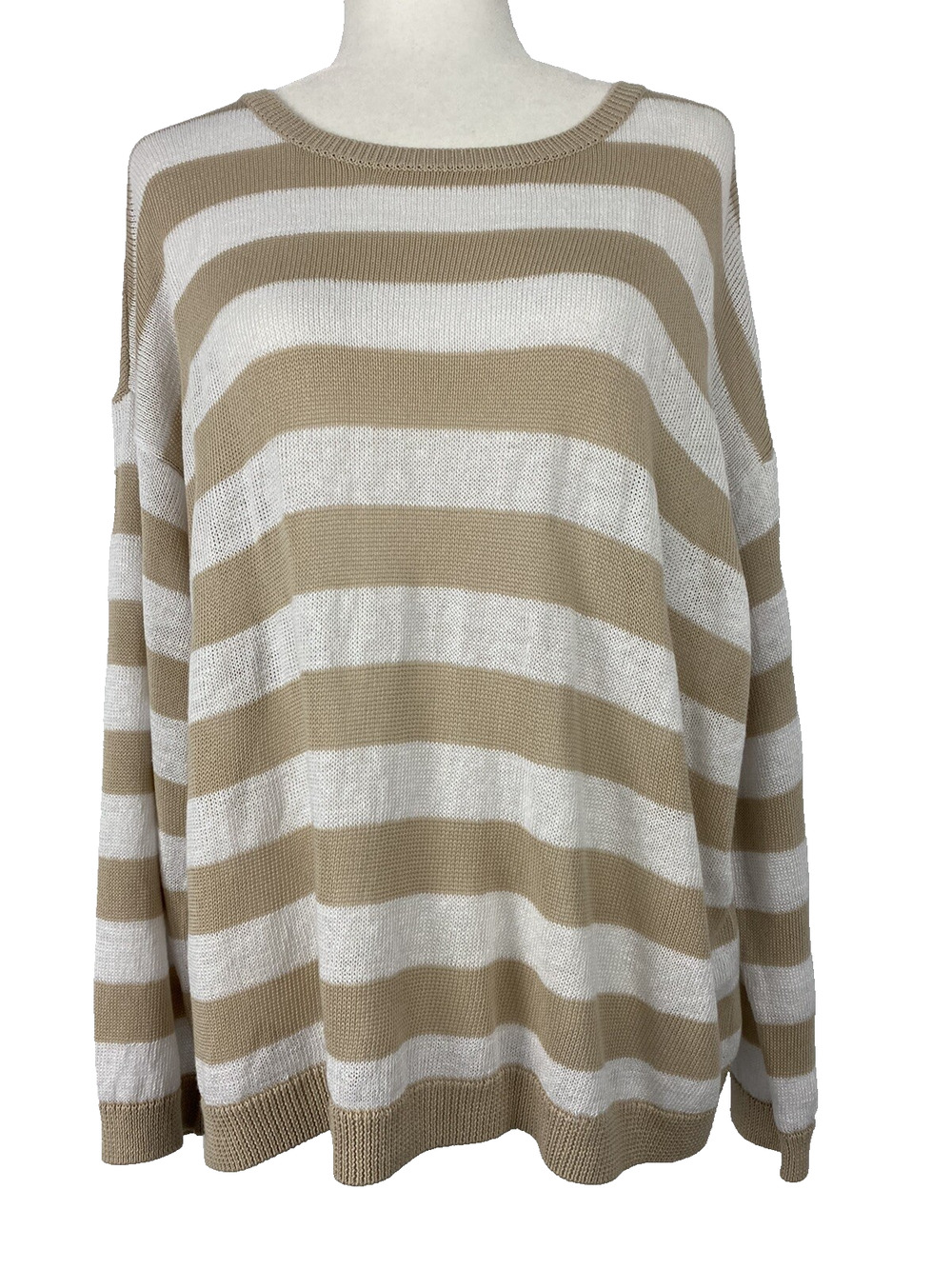 EILEEN FISHER round oversized sweater striped Beige/White Large $258 A003040